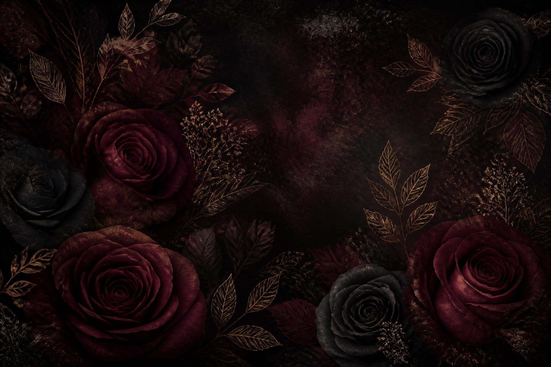 Dark merlot roses and antique gold botanical line art
